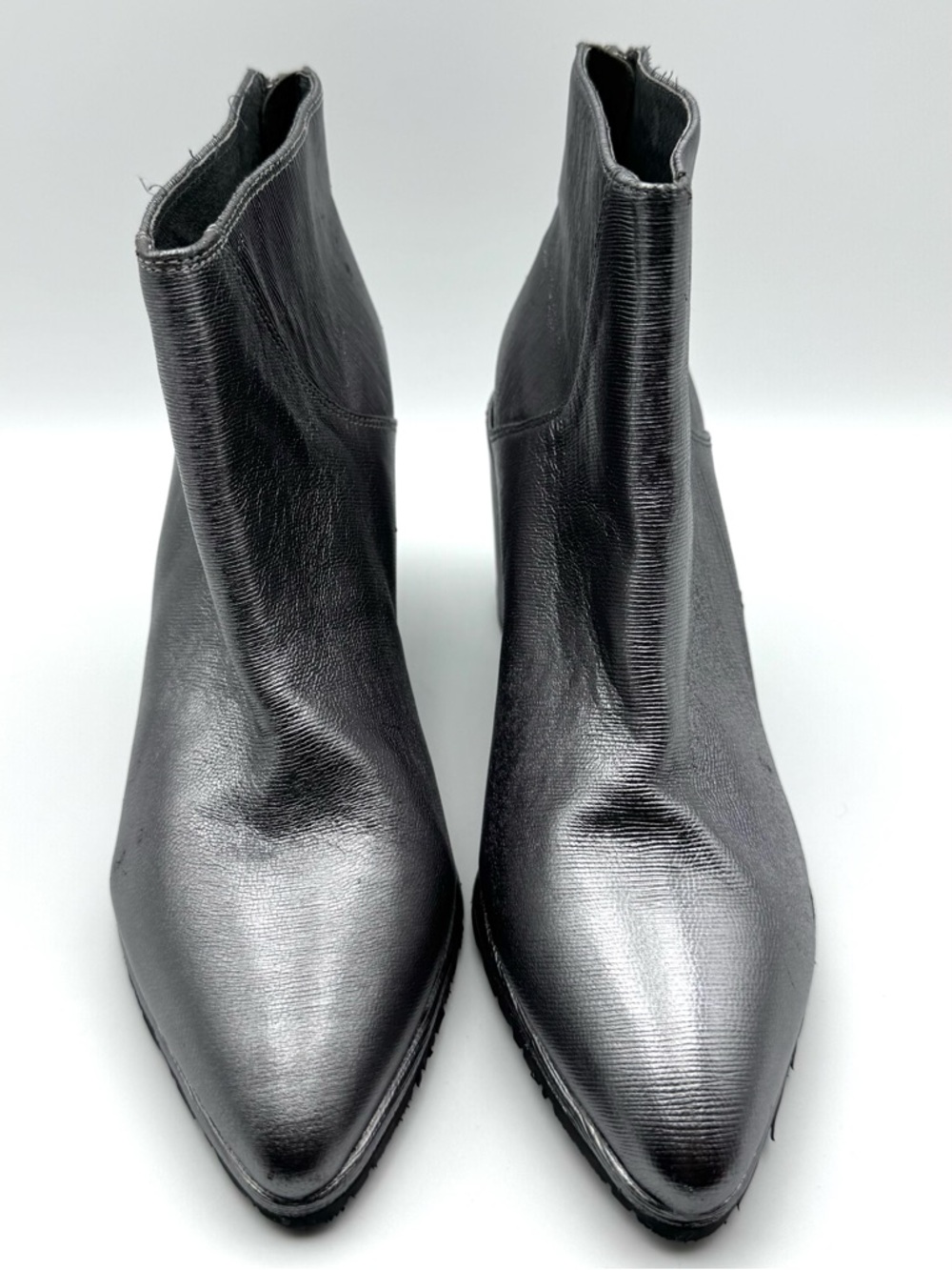 Sacha London Leather Point Toe Ankle Boots Block Heel Silver Metallic Size 6.5